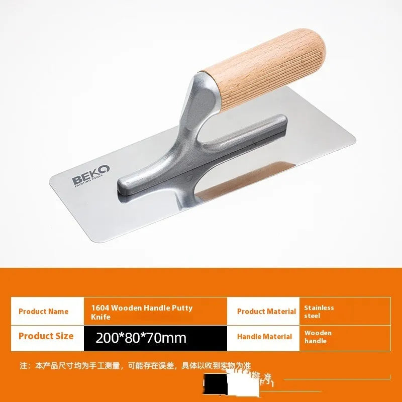 Stainless steel putty scraper with wooden handle shown in three different blade size options
