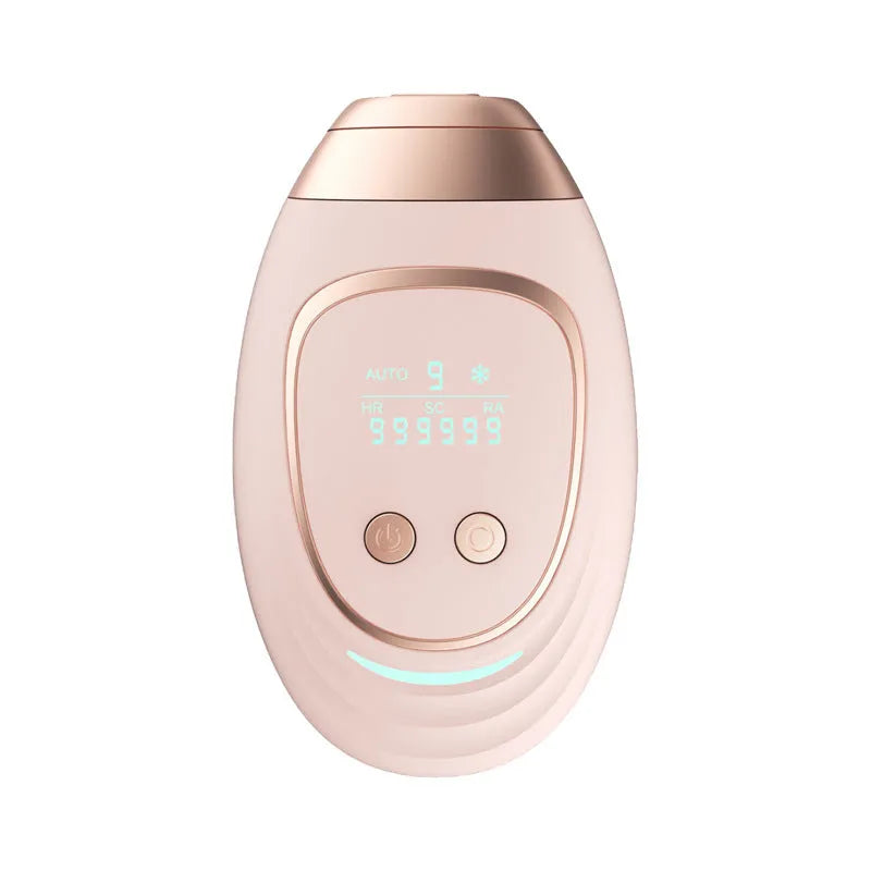 Pink and white three-in-one laser hair removal device with ice-sensing technology and complete accessory kit