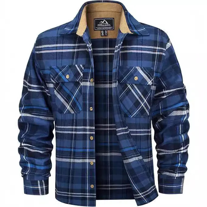 Man wearing a casual orange and black plaid flannel button-down shirt with long sleeves.