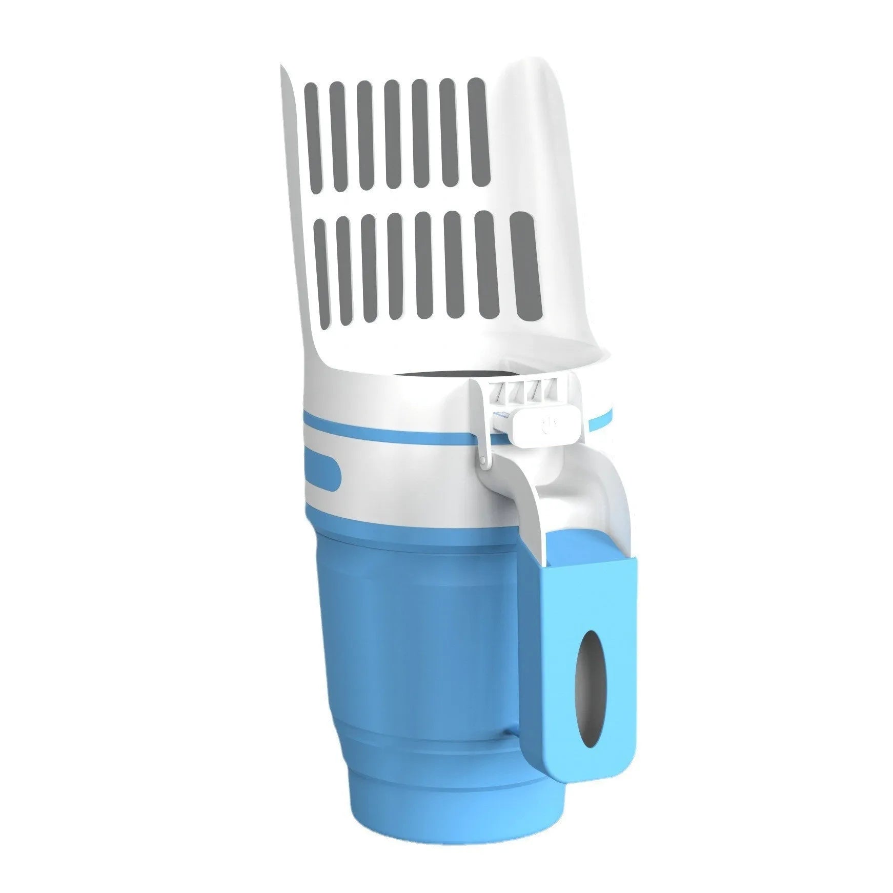 Grey cat litter scoop with attached waste collection bin showing foldable bottom design