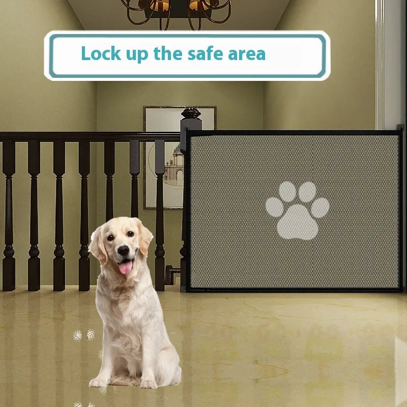 Portable folding cloth dog barrier net with pet doorsill design, shown in large and small size options.