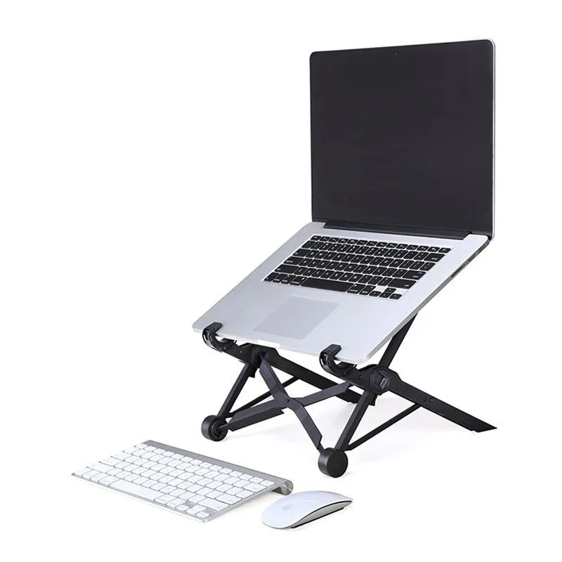 Portable folding laptop bracket in sagacious black showing compact folded dimensions