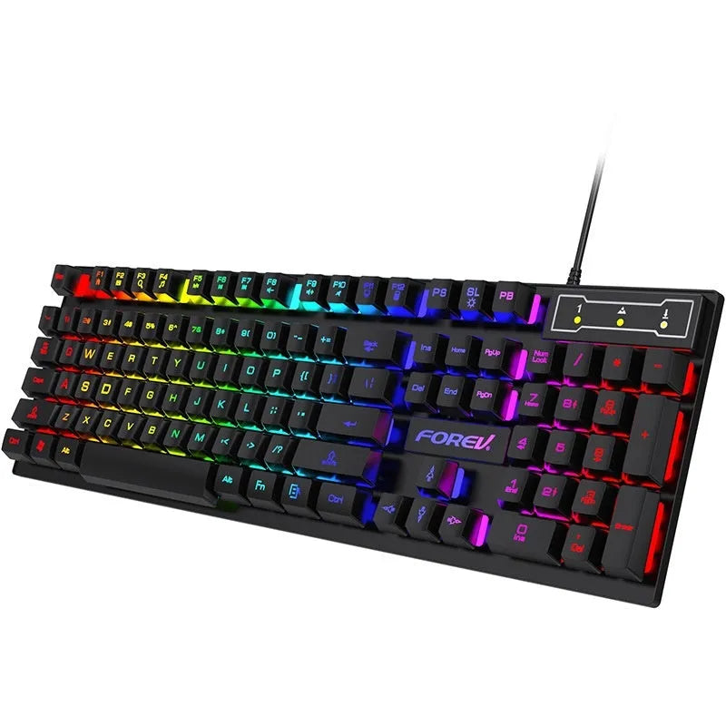 Black 104-key mechanical gaming keyboard with backlight and optical mouse on desktop