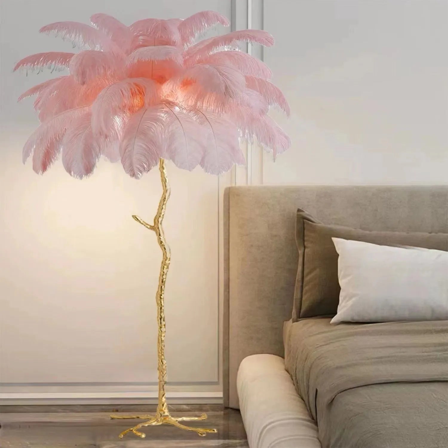 Tall decorative floor lamp with cluster of white resin feathers, standing 170cm high in a living room.