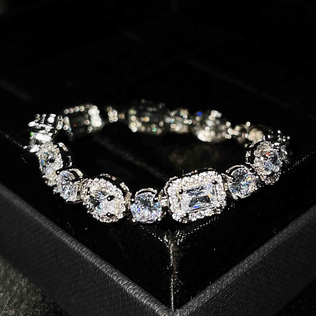 Women's sterling silver-plated bracelet with zircon stones in geometry design, shown in two size options