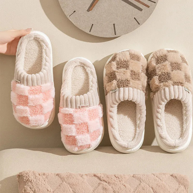 Women's plaid plush indoor slippers with coral velvet upper and non-slip PVC sole in multiple colours