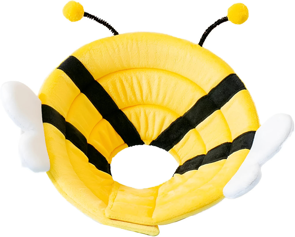 Soft cat cone collar with bee design showing adjustable velcro closure in pet recovery setting