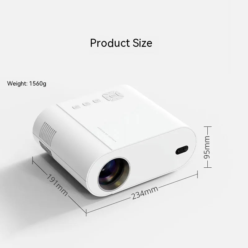 White T07 Full HD smart projector with remote control on a grey surface.
