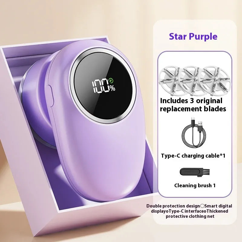 Beige and purple digital display fur ball trimmer with cutter heads for pet hair removal