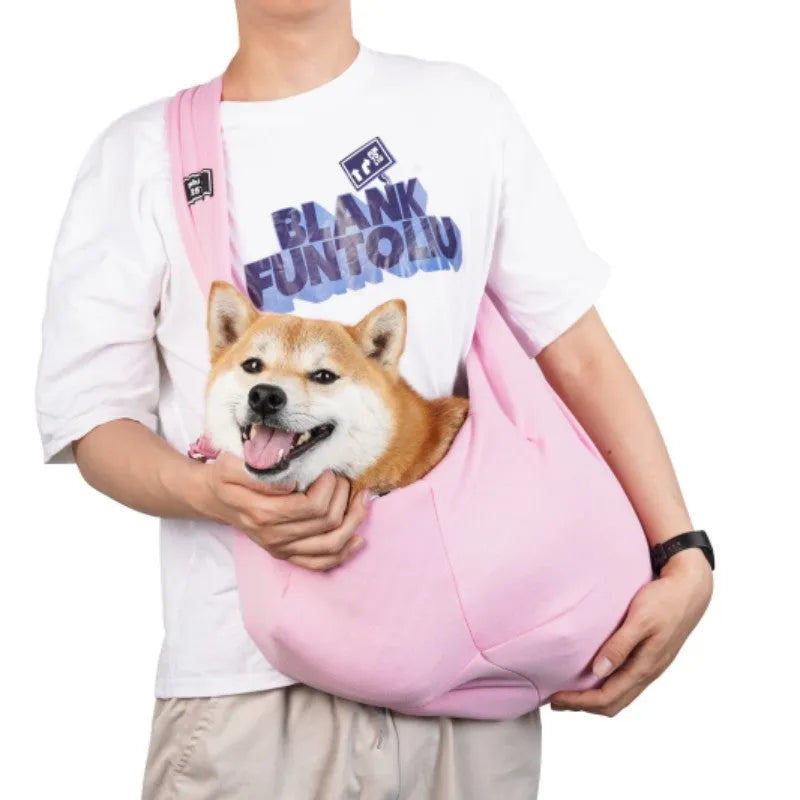 A folded and unfolded collapsible cat messenger bag with mesh panels, shown in blue.