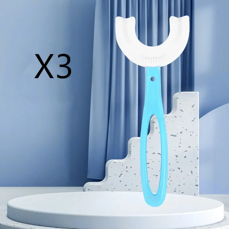 Children's U-shaped soft rubber toothbrush in pink and blue colours for milk teeth cleaning