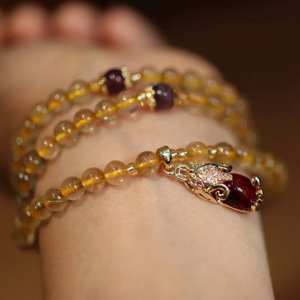 Natural Brazilian gold rutilated quartz bracelet with Chinese three-ring design and chopstick hanging elements