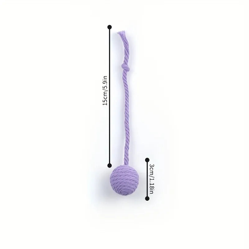 Interactive cat toy ball with rope attachment and built-in bell in green, pink, purple and yellow colours