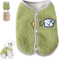 Green coral fleece dog sweatshirt vest with a leash ring on a small dog, showing a winter outfit.