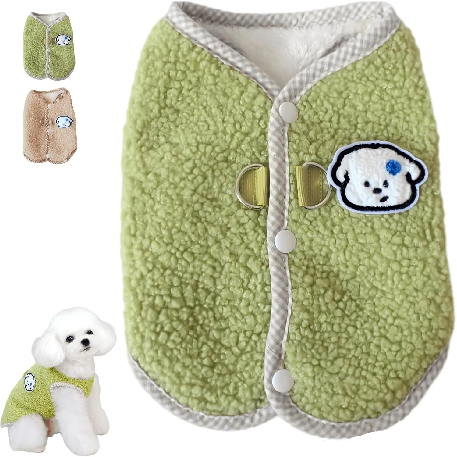 Green coral fleece dog sweatshirt vest with a leash ring on a small dog, showing a winter outfit.