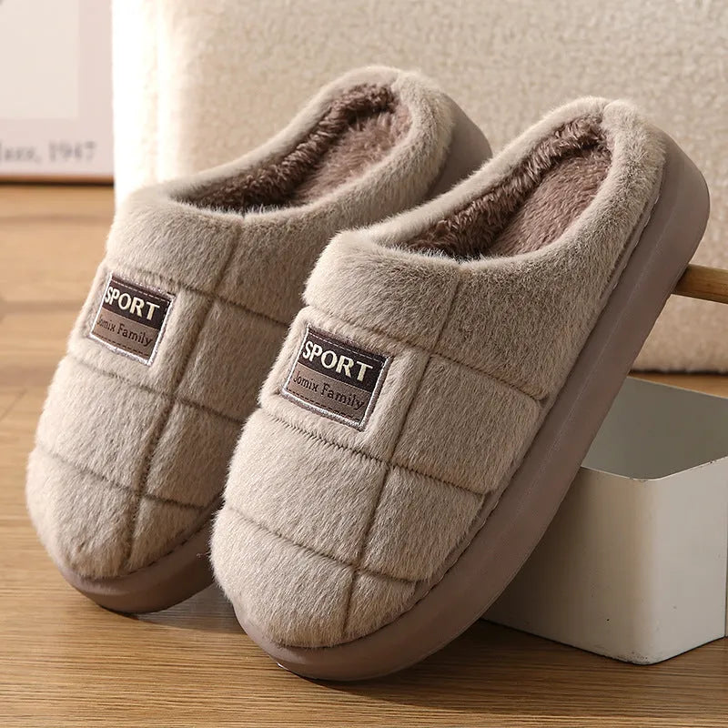 Men's grey brown household slippers with artificial wool lining and thick EVA sole