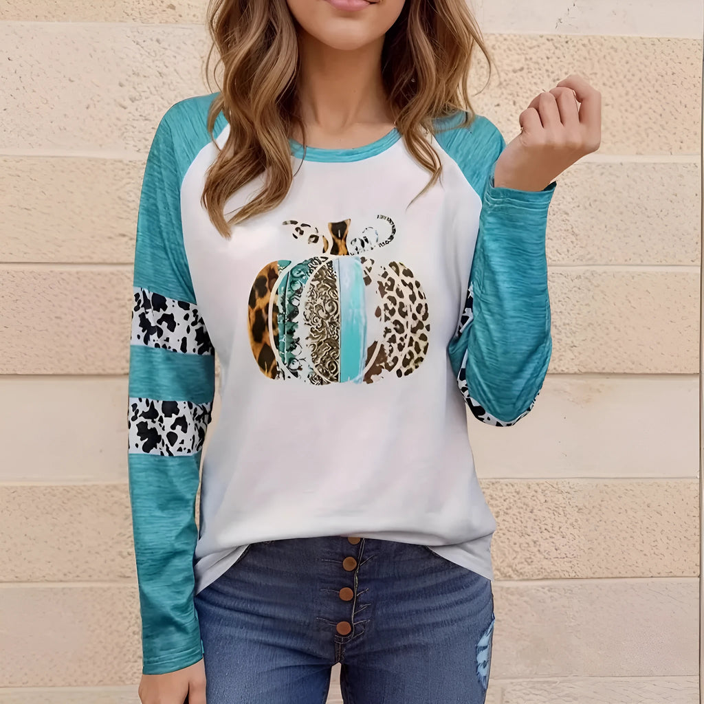 Sky blue Halloween T-shirt with 3D pumpkin print in Japanese Korean casual style