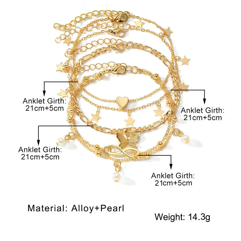 Women's butterfly pearl heart anklet 4-piece set layered alloy jewellery