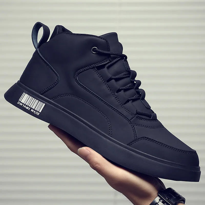 Men's white mid-top lace-up casual shoes with a round toe and rubber sole on a neutral background.