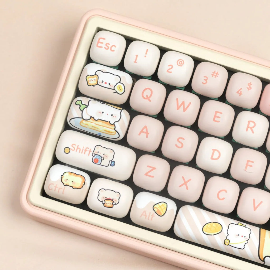 MOG Steamed Bread full set of PBT keycaps for mechanical keyboards, showing colourful sublimated bear design on keycaps.