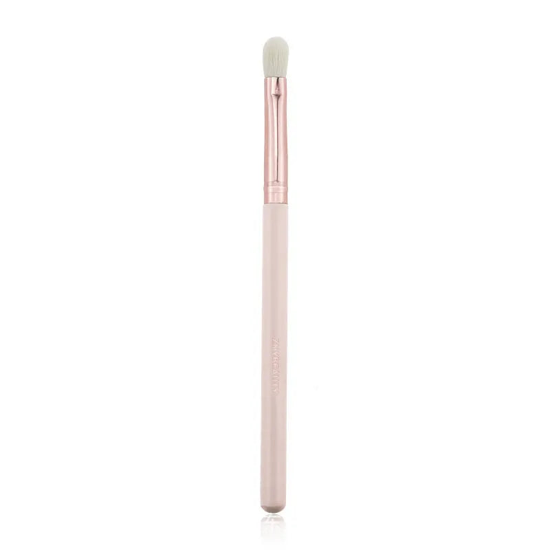 26 pink-handled makeup brushes with wool bristles in a rolled-up PU case