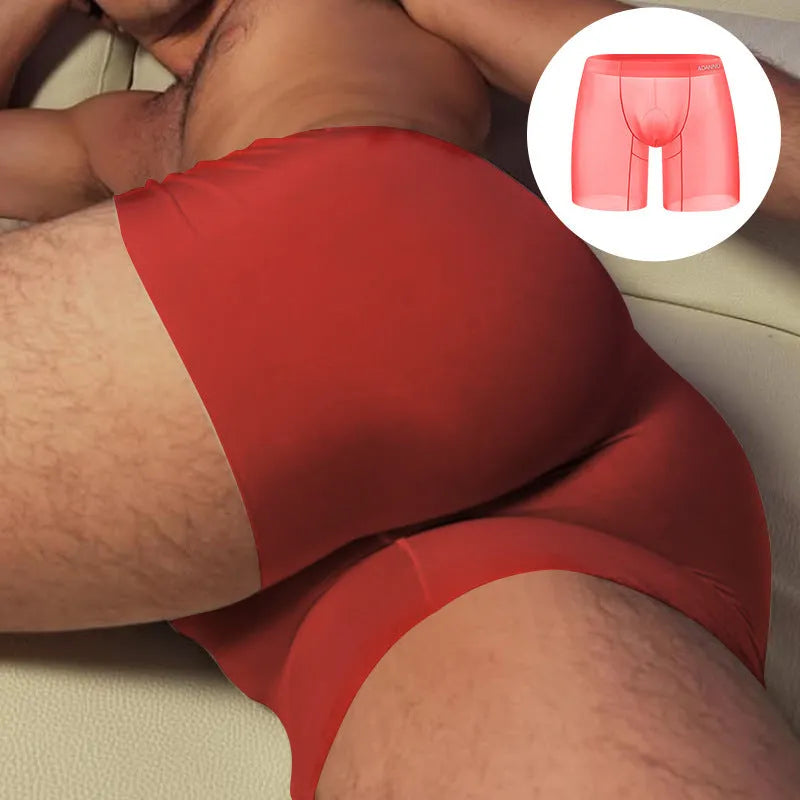 Men's seamless nylon boxer briefs in orange with U convex pouch and low waist design for sports