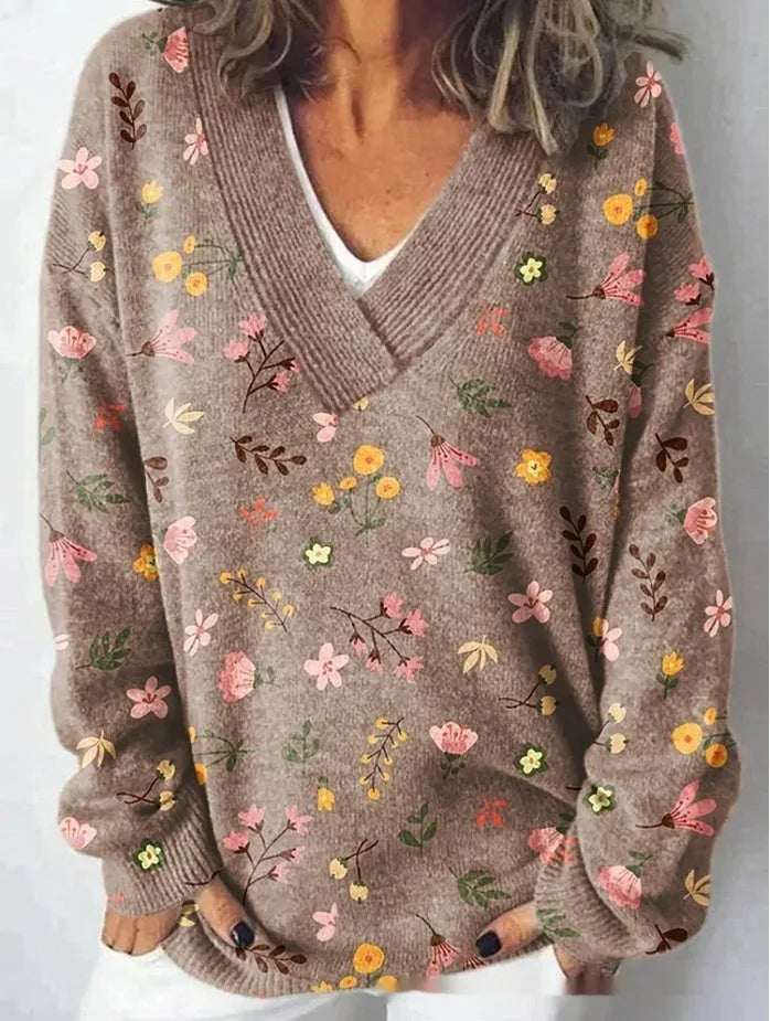 Women's V-neck sweatshirt with 3D floral pattern print and long sleeves