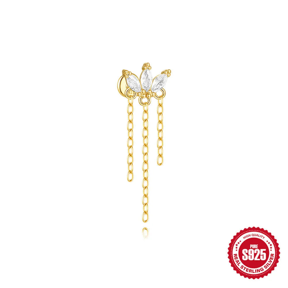 S925 sterling silver geometric kite earrings with rhinestones and chain tassel in gold tone
