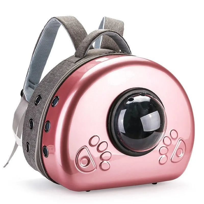 Transparent space capsule design cat carrier bag in a choice of rose gold, silver or champagne gold colour.