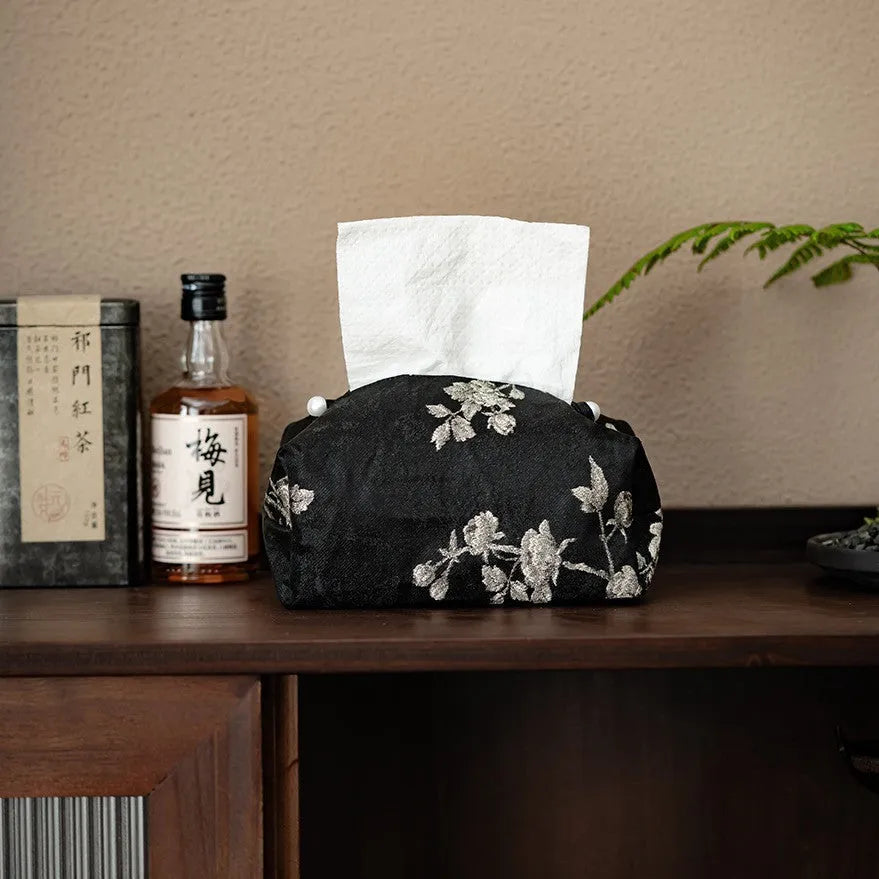 New Chinese style brocade fabric tissue box with white plum embroidery pattern