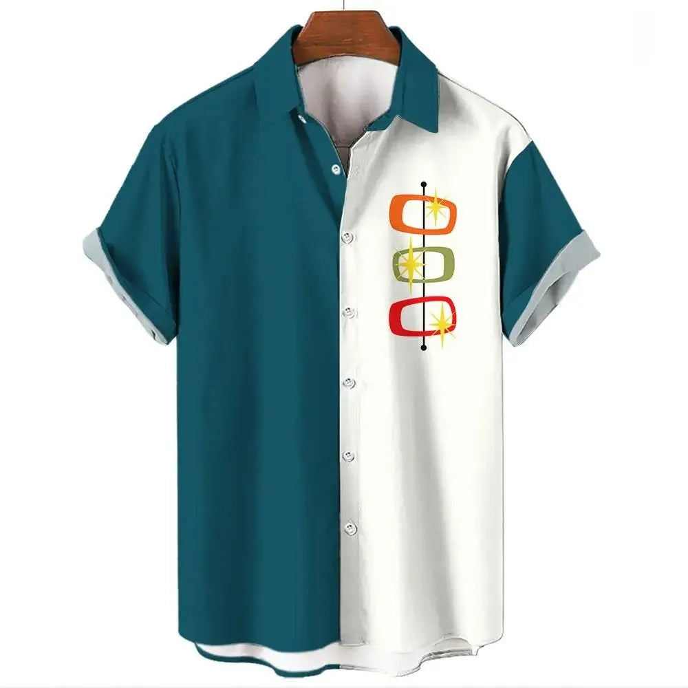 Man wearing a striped short sleeve Hawaiian-style button-up shirt in a casual setting.
