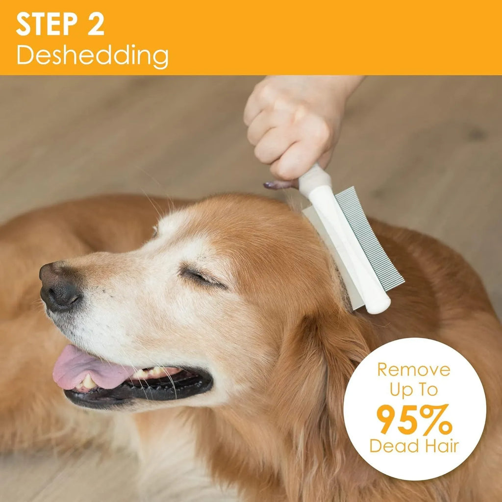 White 2-in-1 pet grooming brush with comb and deshedding sides, ergonomic handle