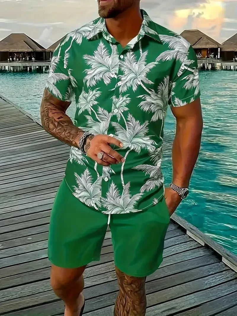 Man wearing a short sleeve Hawaiian print shirt and matching shorts, a casual polyester suit set.