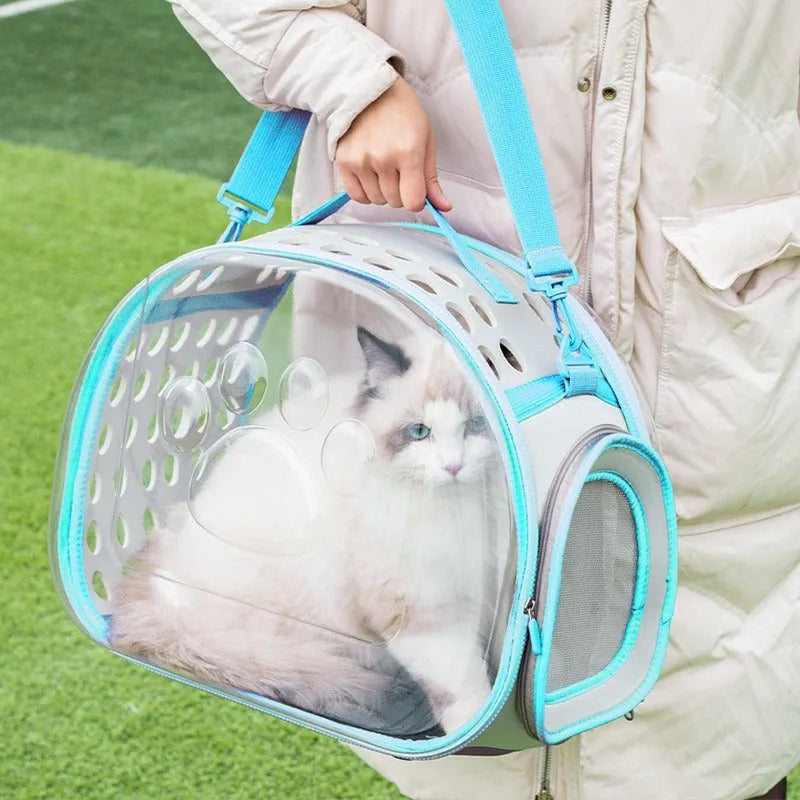 Transparent space capsule backpack for cats showing hard EVA construction and large carrier dimensions
