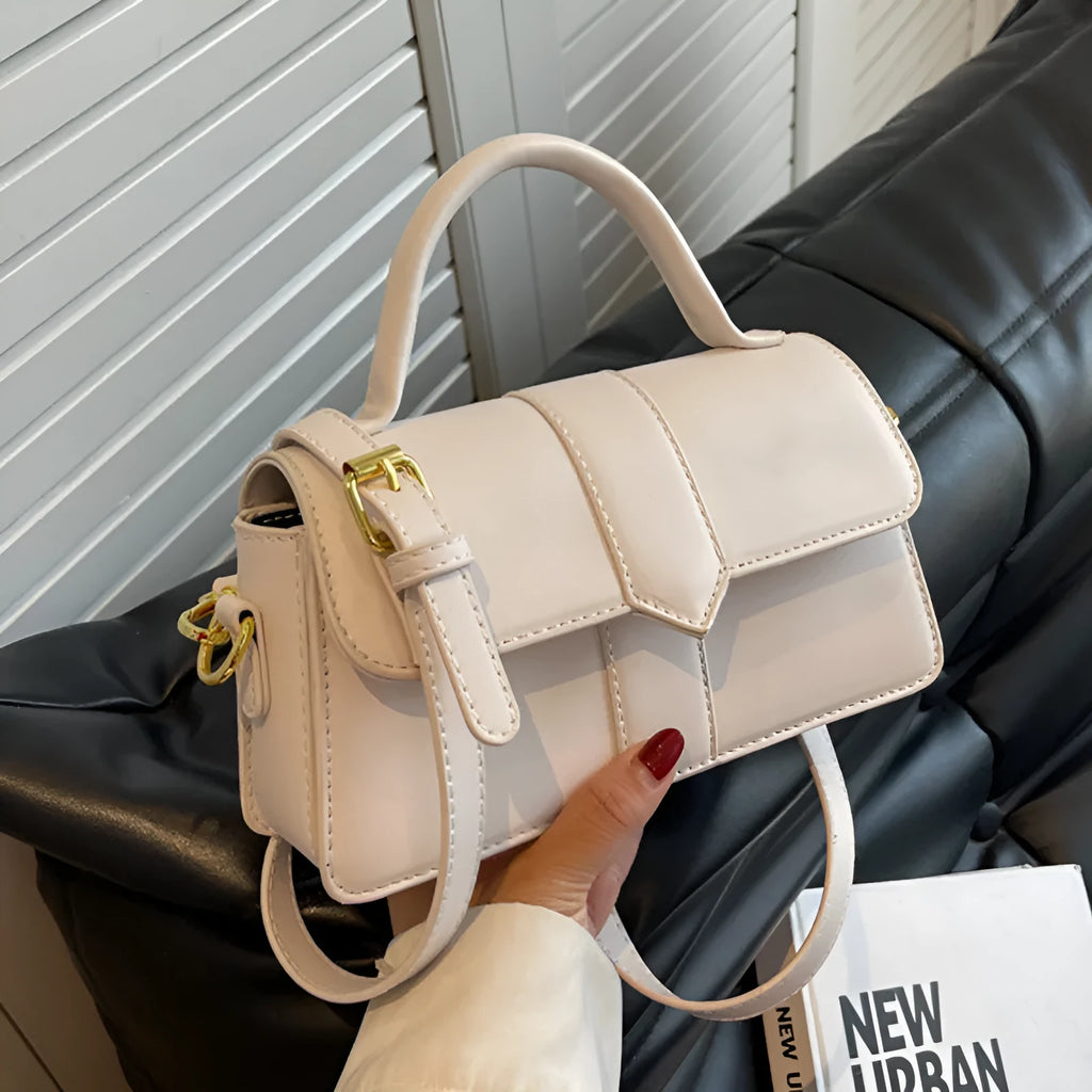 Women's beige PU messenger bag with file compartment showing dimensions of 22cm width by 13cm height