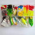 142-piece fishing lure set showing hard minnow lures, sequin lures, fishing pliers, and hooks arranged together