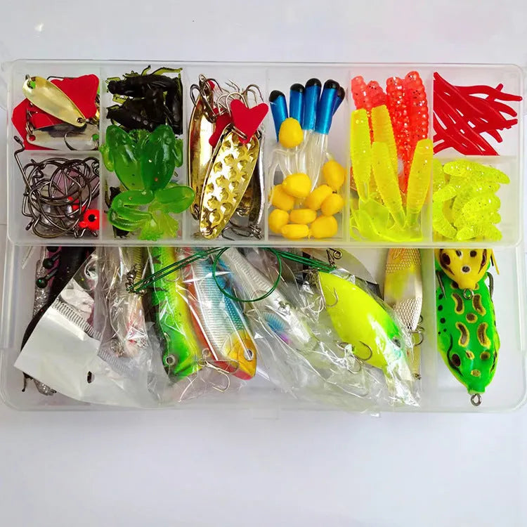 142-piece fishing lure set showing hard minnow lures, sequin lures, fishing pliers, and hooks arranged together