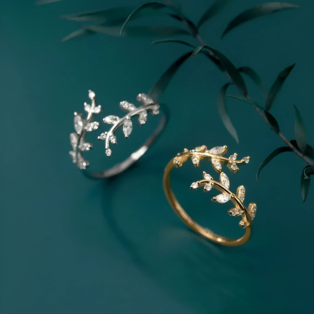 Leaf-shaped copper electroplated branch ring for women in gold or silver colour options