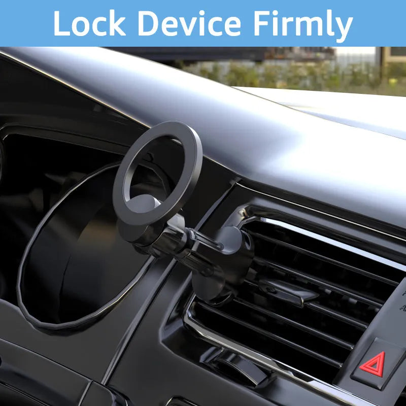Black magnetic suction car air vent mobile phone holder on a vehicle dashboard.