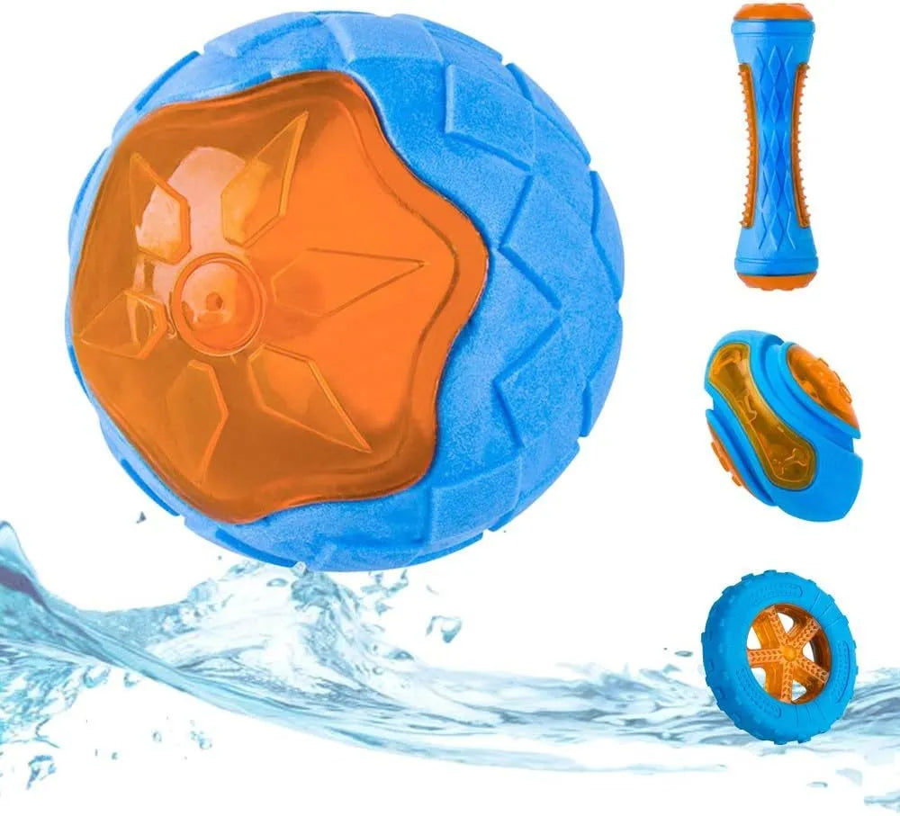Set of three floating TPR dog toys: a squeaky ball, barbell, and tyre for water fetch.