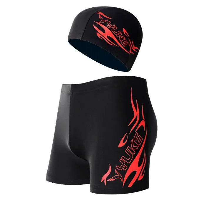Men's boxer style swimming trunks with fire pattern design in plus sizes