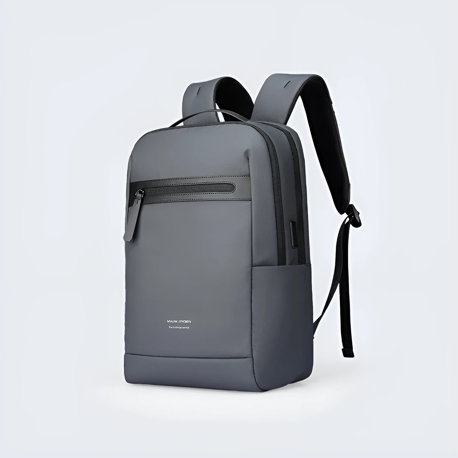 Graphite grey Oxford cloth business backpack with an external USB charging port on the strap.