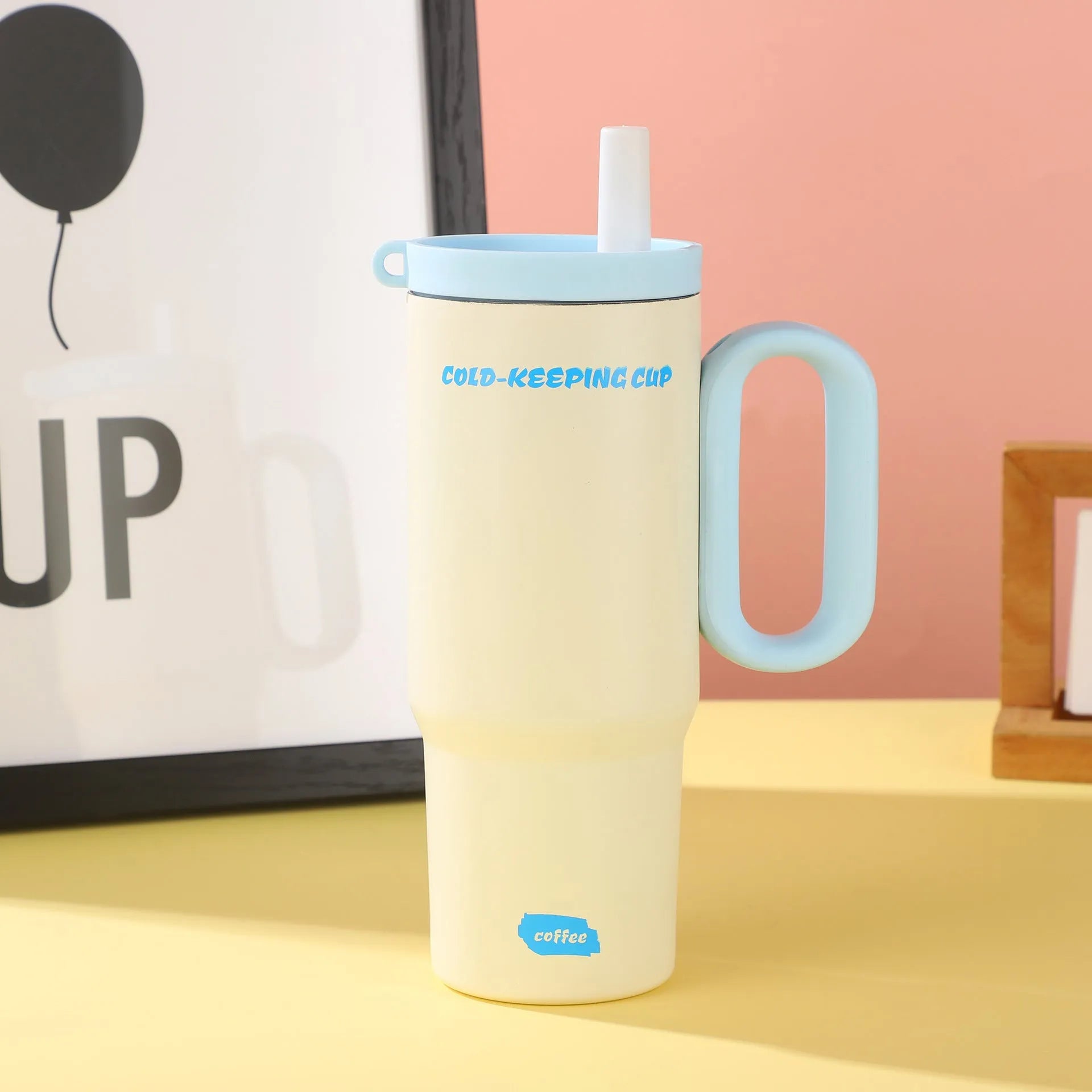 Large insulated straw drinking cup with carrying handle in multiple colour options