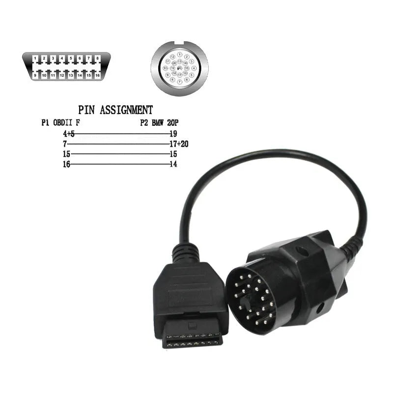 BMW OBD2 diagnostic cable adapter showing 20-pin and 16-pin connectors