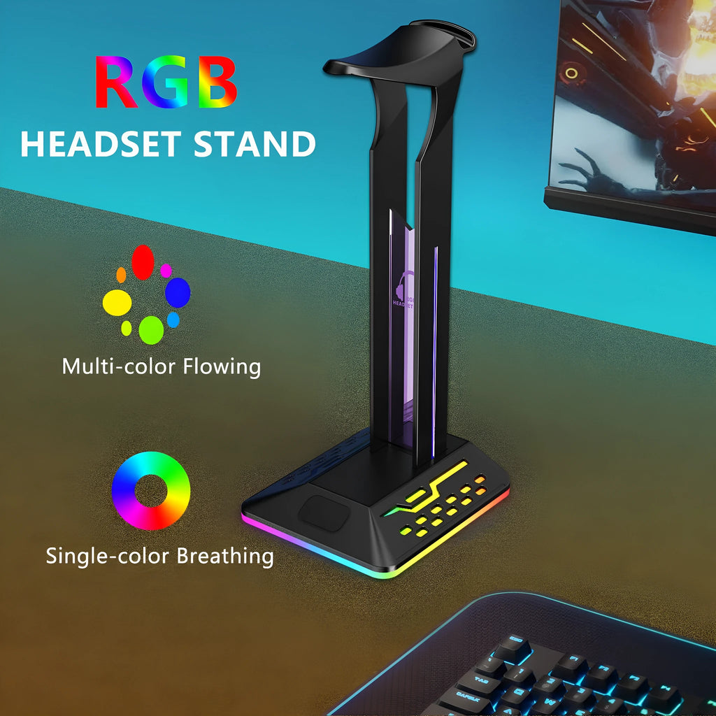 Headphone display rack with RGB lighting and dual USB ports in black acrylic design