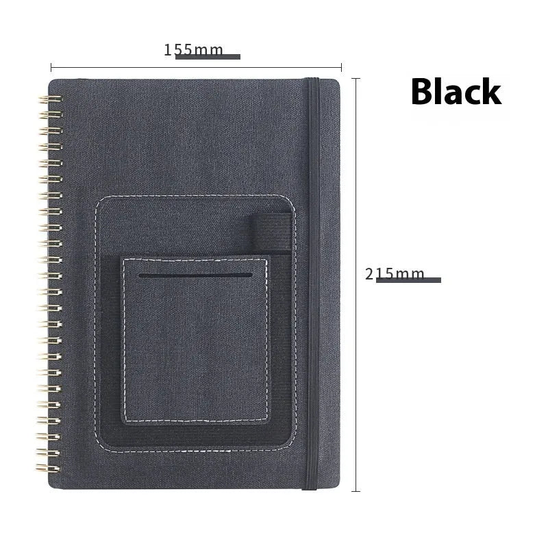 A5 erasable coil notebook with stone paper and pen on wooden surface
