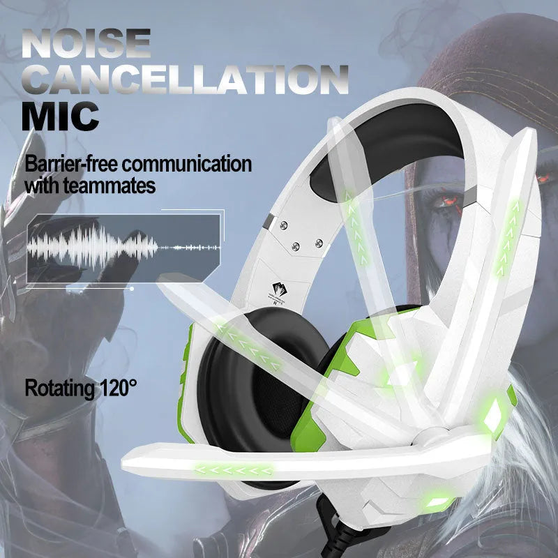 Blue wired computer gaming headset with microphone and LED lighting effects on black background