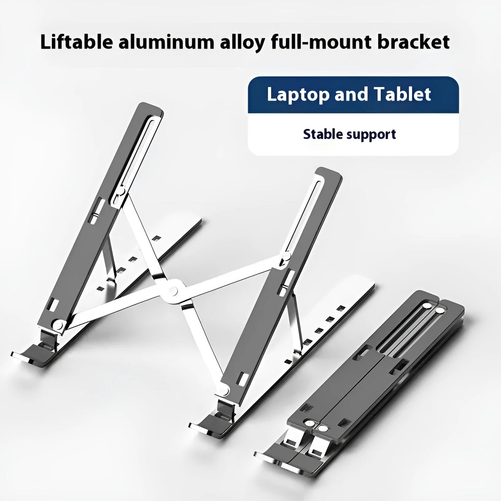 Silver aluminium laptop stand holding a notebook at an angle on a desk