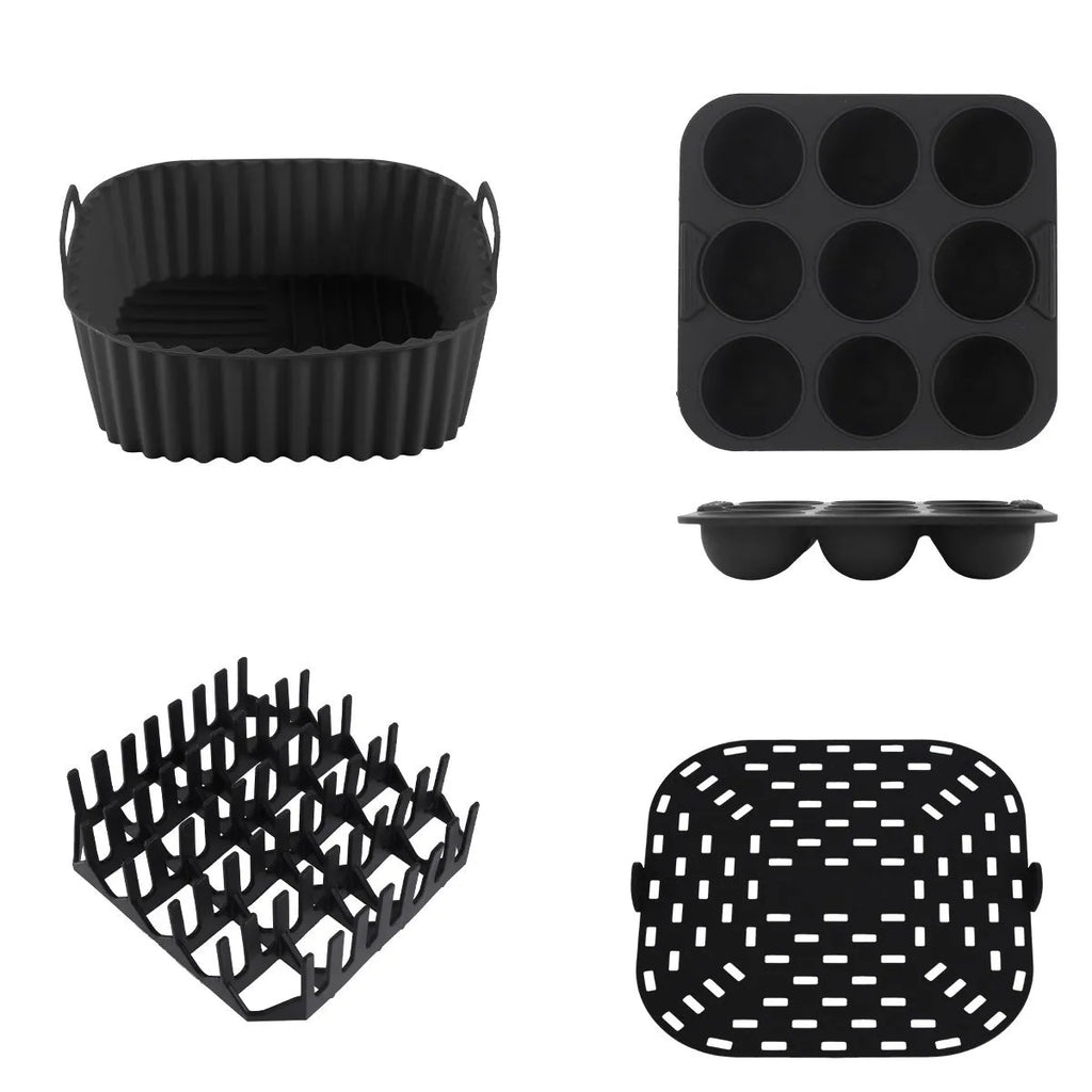 Black silicone baking tray set for air fryer including 4 square trays for cake, jelly, and pudding baking.