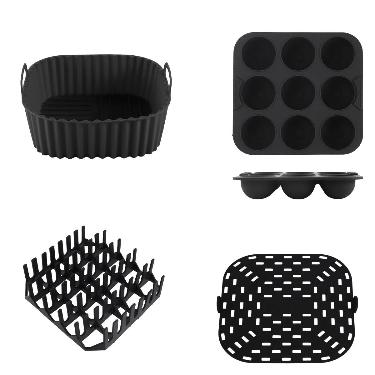 Black silicone baking tray set for air fryer including 4 square trays for cake, jelly, and pudding baking.